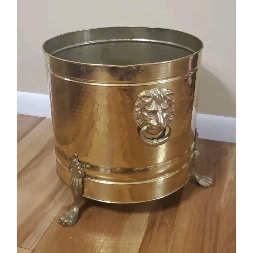Vintage Brass Lion Head Planter Hollywood Regency Footed Cachepot Plant Pot